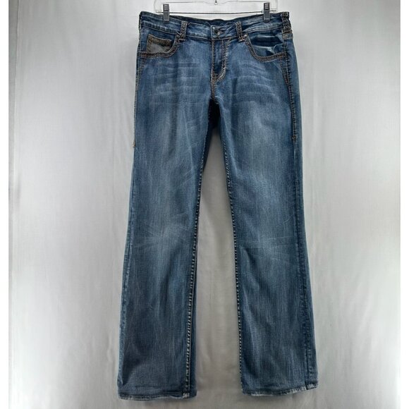 Cowgirl Tuff Jeans Women W32 L35 Studded Camo Bootcut MidRise Stretch Denim Blue - Picture 1 of 11